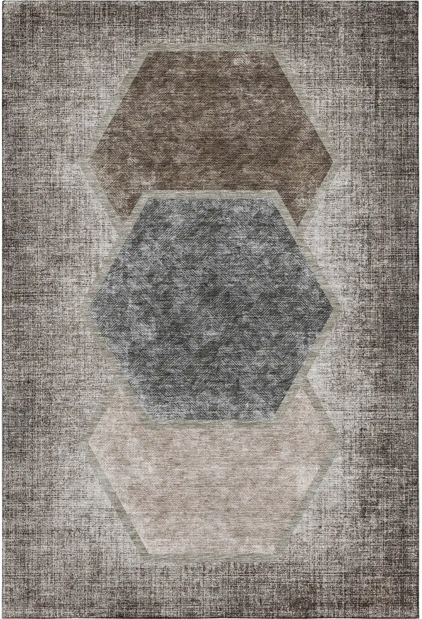 Brown Taupe And Charcoal Geometric Washable Area Rug With UV Protection Photo 4
