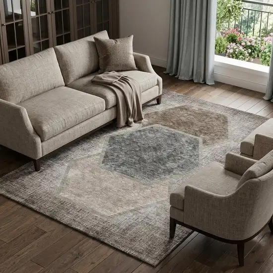 Brown Taupe And Charcoal Geometric Washable Area Rug With UV Protection Photo 1