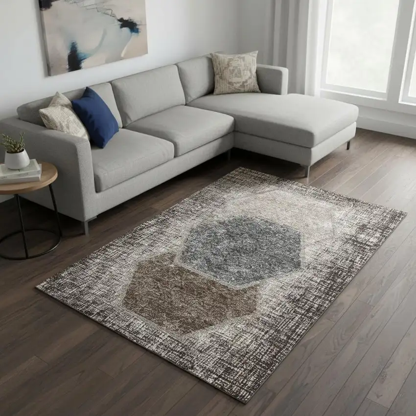 Brown Taupe And Charcoal Geometric Washable Area Rug With UV Protection Photo 3