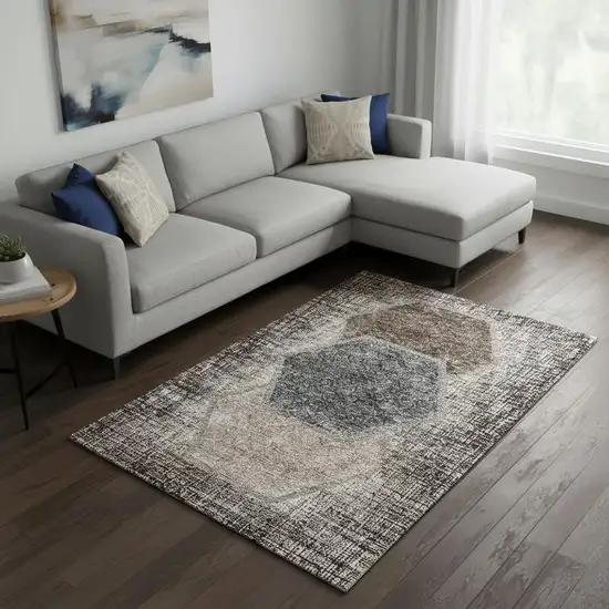 Brown Taupe And Charcoal Geometric Washable Area Rug With UV Protection Photo 1