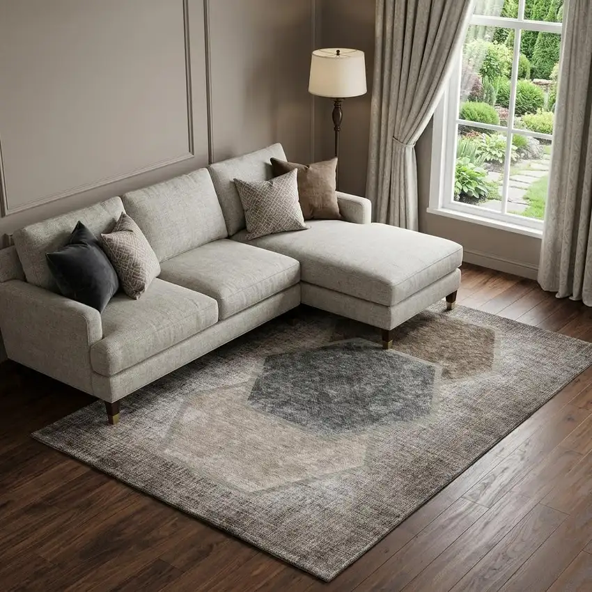 Brown Taupe And Charcoal Geometric Washable Area Rug With UV Protection Photo 1