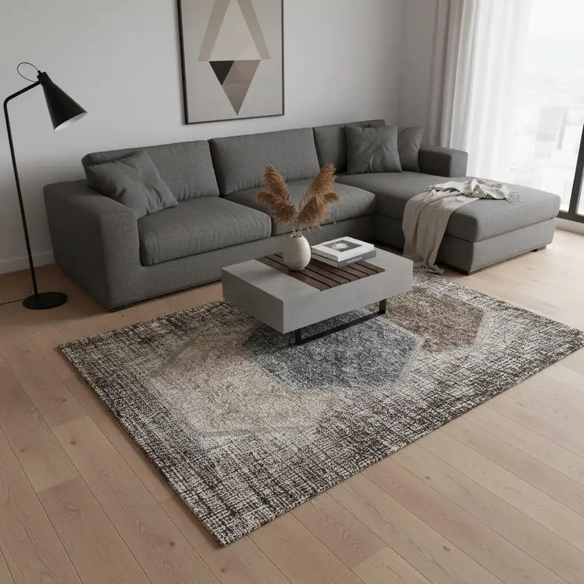 Brown Taupe And Charcoal Geometric Washable Area Rug With UV Protection Photo 1