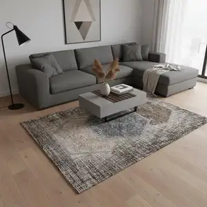 Photo of Brown Taupe And Charcoal Geometric Washable Area Rug With UV Protection