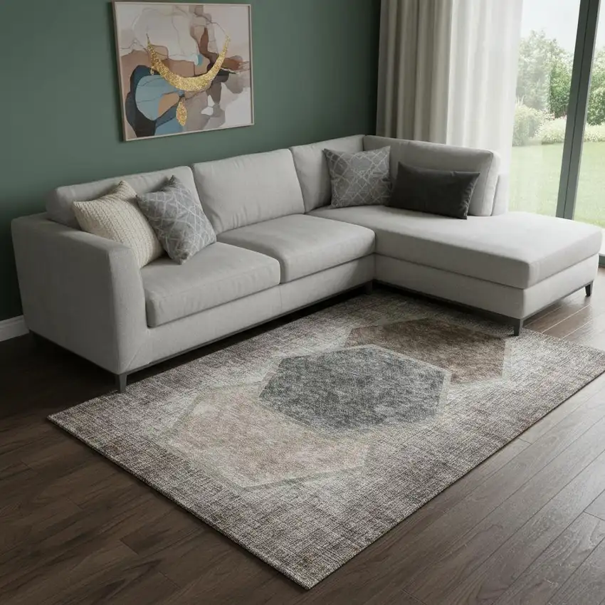 Brown Taupe And Charcoal Geometric Washable Area Rug With UV Protection Photo 1