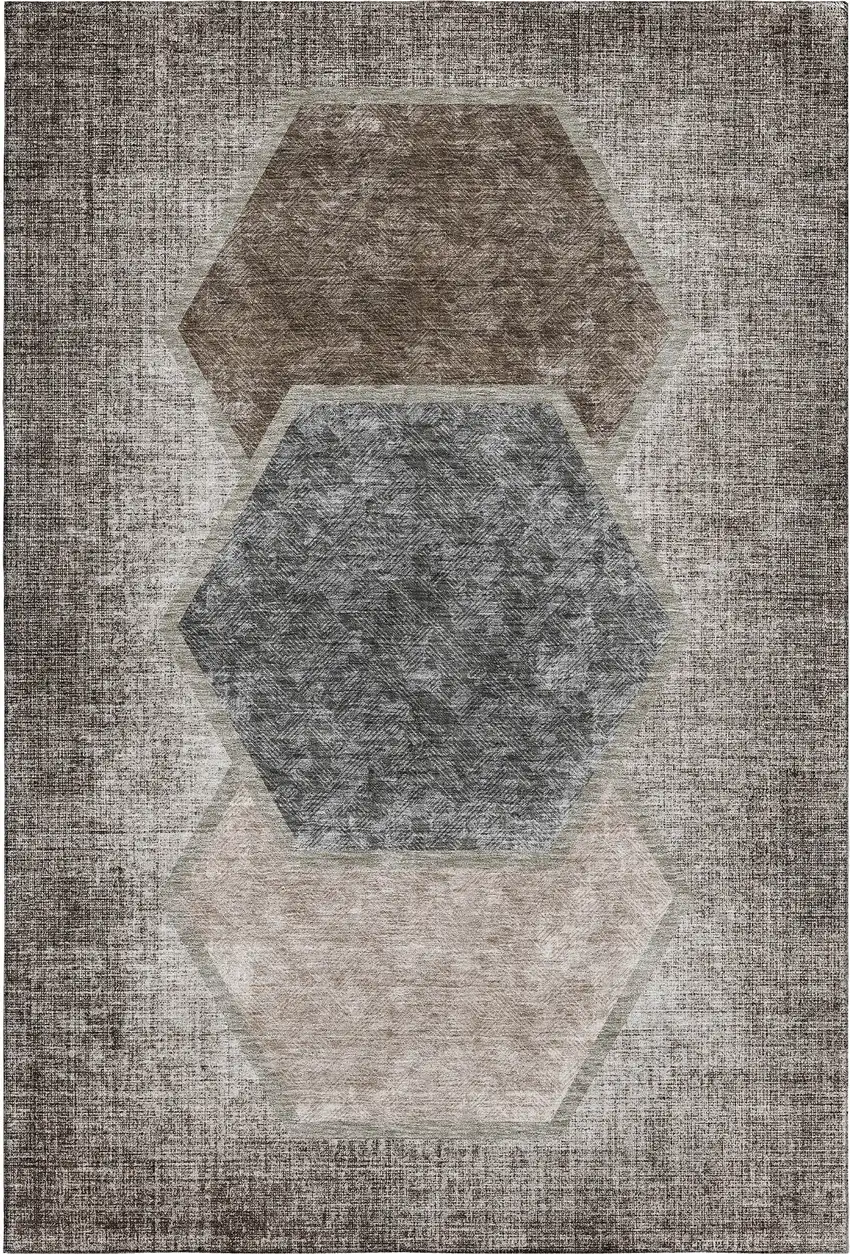 Brown Taupe And Charcoal Geometric Washable Area Rug With UV Protection Photo 2