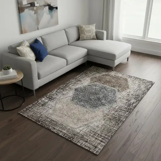 Brown Taupe And Charcoal Geometric Washable Area Rug With UV Protection Photo 3
