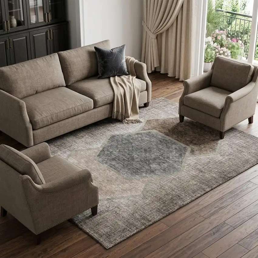 Brown Taupe And Charcoal Geometric Washable Area Rug With UV Protection Photo 1