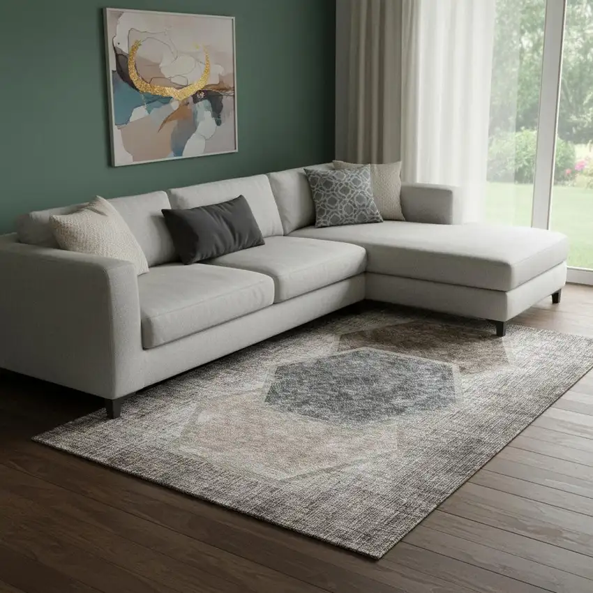 Brown Taupe And Charcoal Geometric Washable Area Rug With UV Protection Photo 1