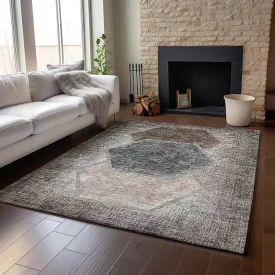 Brown Taupe And Charcoal Geometric Washable Area Rug With UV Protection Photo 5