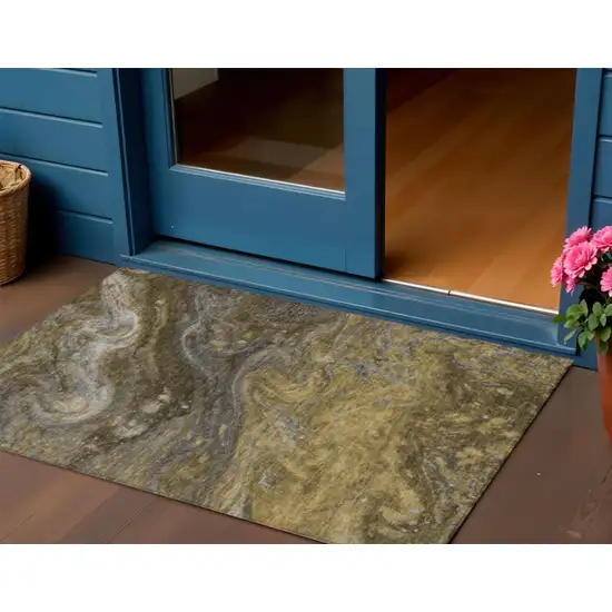 Brown Taupe And Chocolate Abstract Washable Indoor Outdoor Area Rug Photo 1
