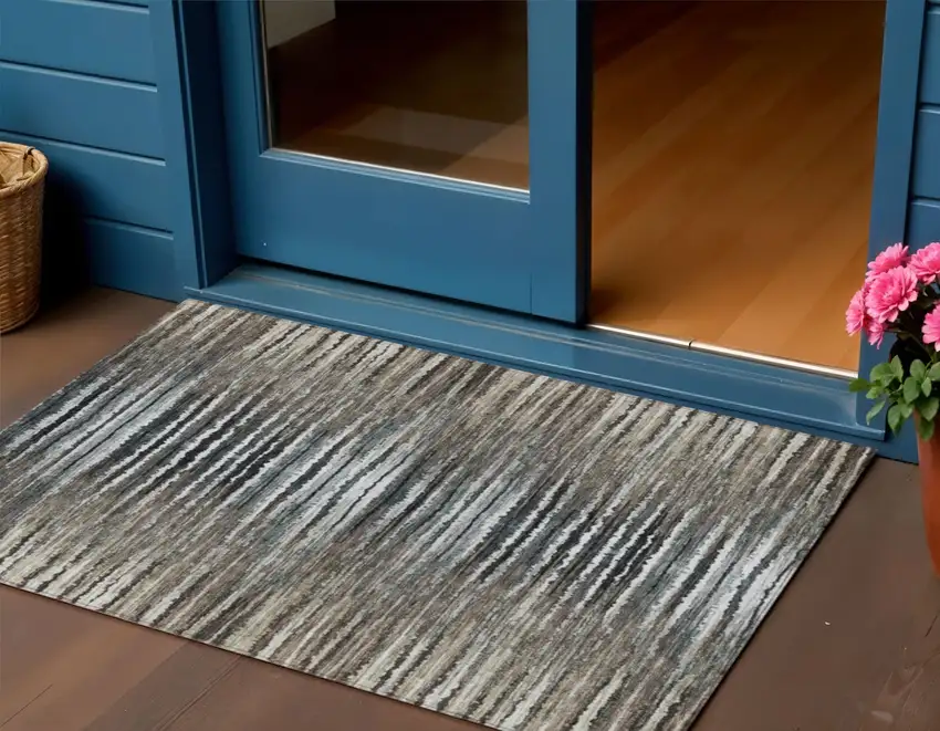 Brown Taupe And Chocolate Striped Washable Indoor Outdoor Area Rug Photo 1