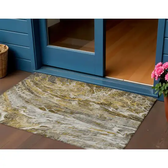Brown Taupe And Gold Abstract Washable Indoor Outdoor Area Rug Photo 1