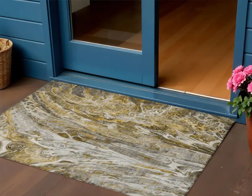 Brown Taupe And Gold Abstract Washable Indoor Outdoor Area Rug Photo 1