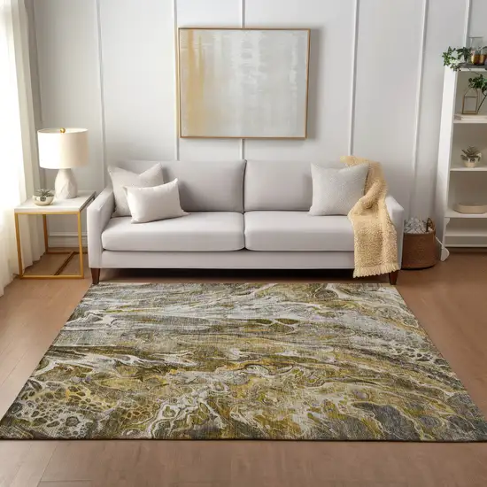 Brown Taupe And Gold Abstract Washable Indoor Outdoor Area Rug Photo 9