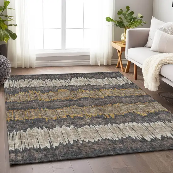 Brown Taupe And Gold Striped Washable Area Rug With UV Protection Photo 3
