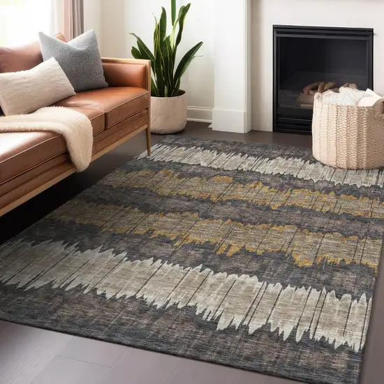 Brown Taupe And Gold Striped Washable Area Rug With UV Protection Photo 4