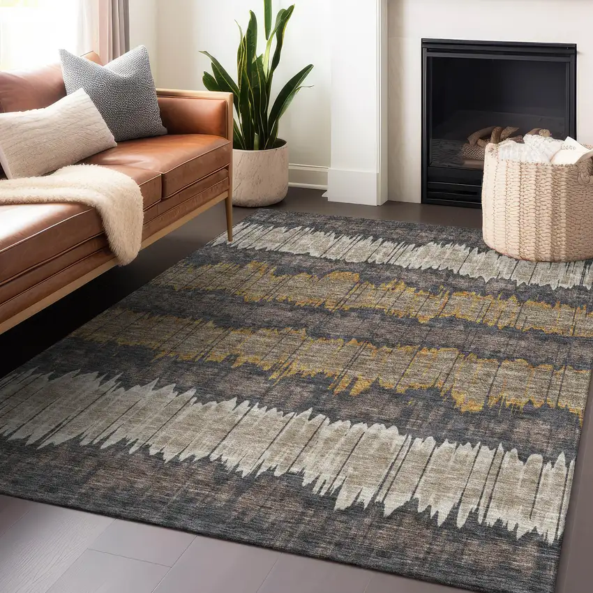 Brown Taupe And Gold Striped Washable Area Rug With UV Protection Photo 4
