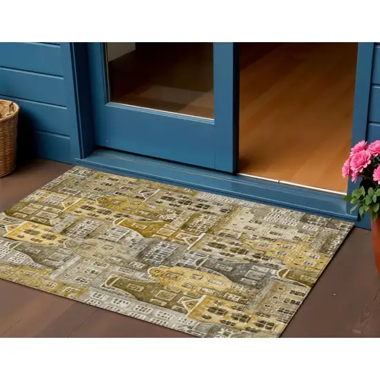 Brown Taupe And Gold Village Houses Washable Indoor Outdoor Area Rug Photo 1