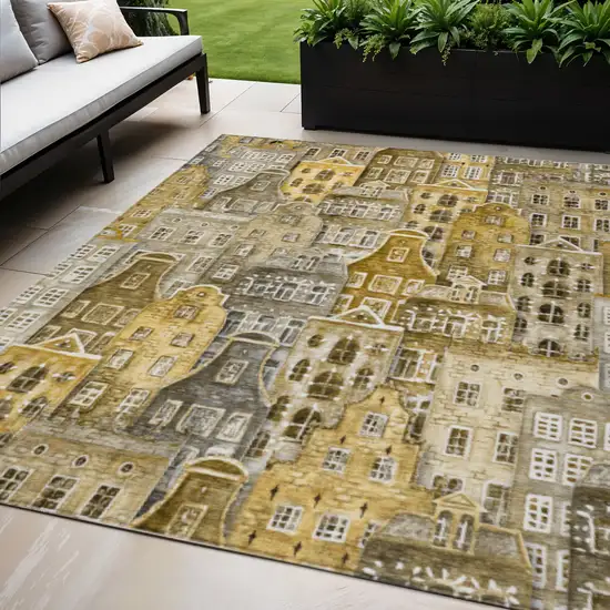 Brown Taupe And Gold Village Houses Washable Indoor Outdoor Area Rug Photo 1