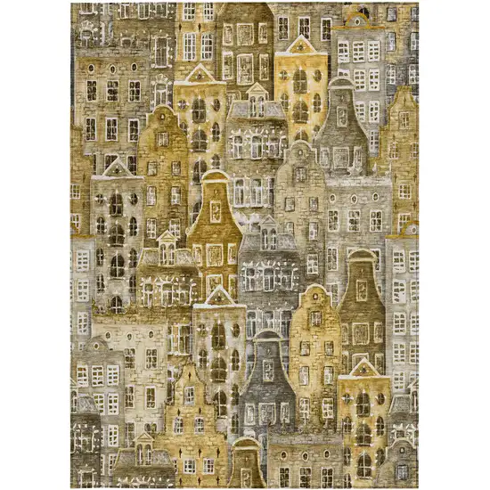 Brown Taupe And Gold Village Houses Washable Indoor Outdoor Area Rug Photo 7