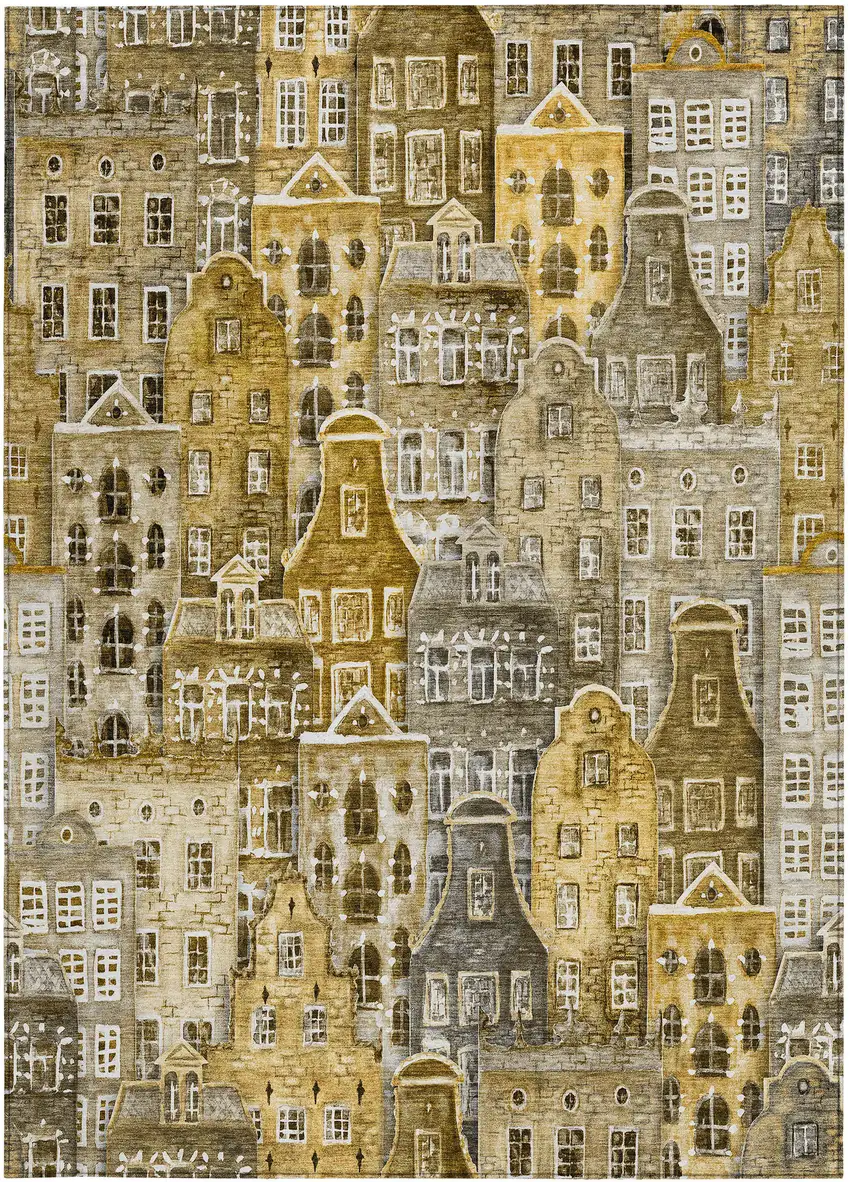 Brown Taupe And Gold Village Houses Washable Indoor Outdoor Area Rug Photo 7
