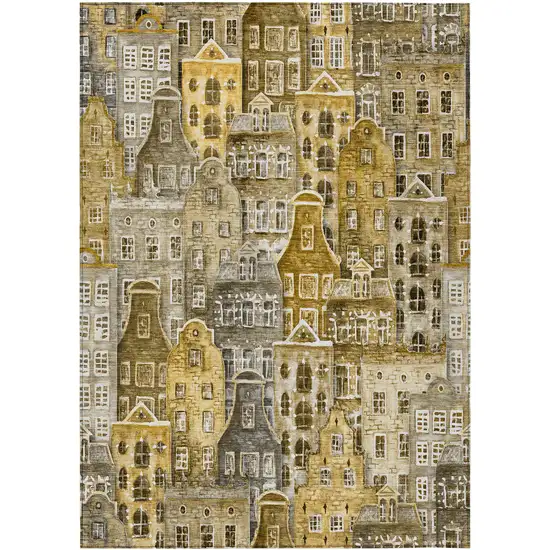 Brown Taupe And Gold Village Houses Washable Indoor Outdoor Area Rug Photo 2