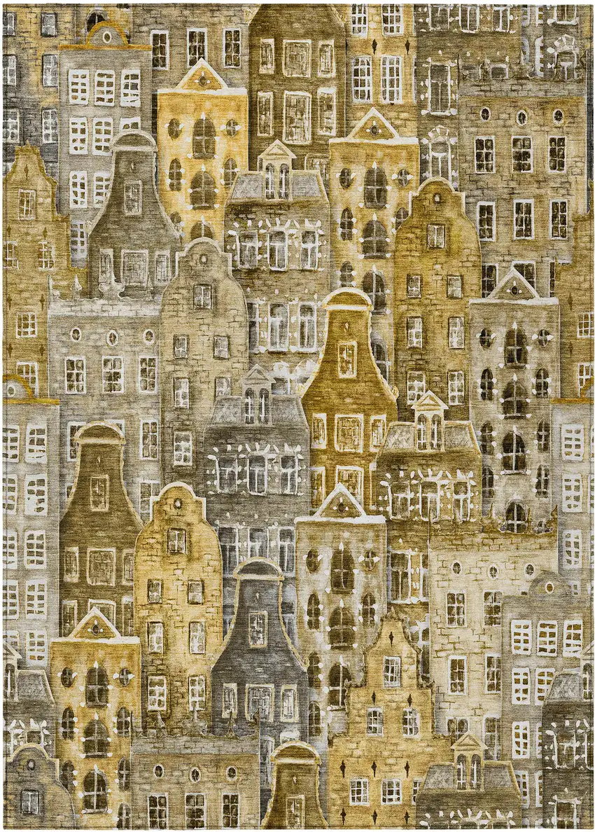 Brown Taupe And Gold Village Houses Washable Indoor Outdoor Area Rug Photo 2