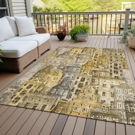 Brown Taupe And Gold Village Houses Washable Indoor Outdoor Area Rug Photo 8