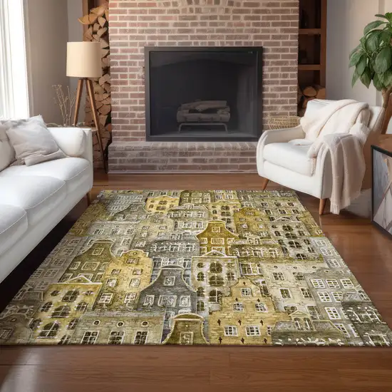 Brown Taupe And Gold Village Houses Washable Indoor Outdoor Area Rug Photo 9