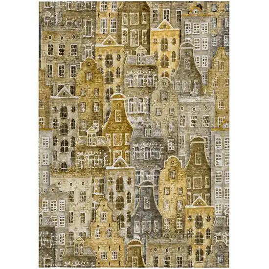 Brown Taupe And Gold Village Houses Washable Indoor Outdoor Area Rug Photo 7