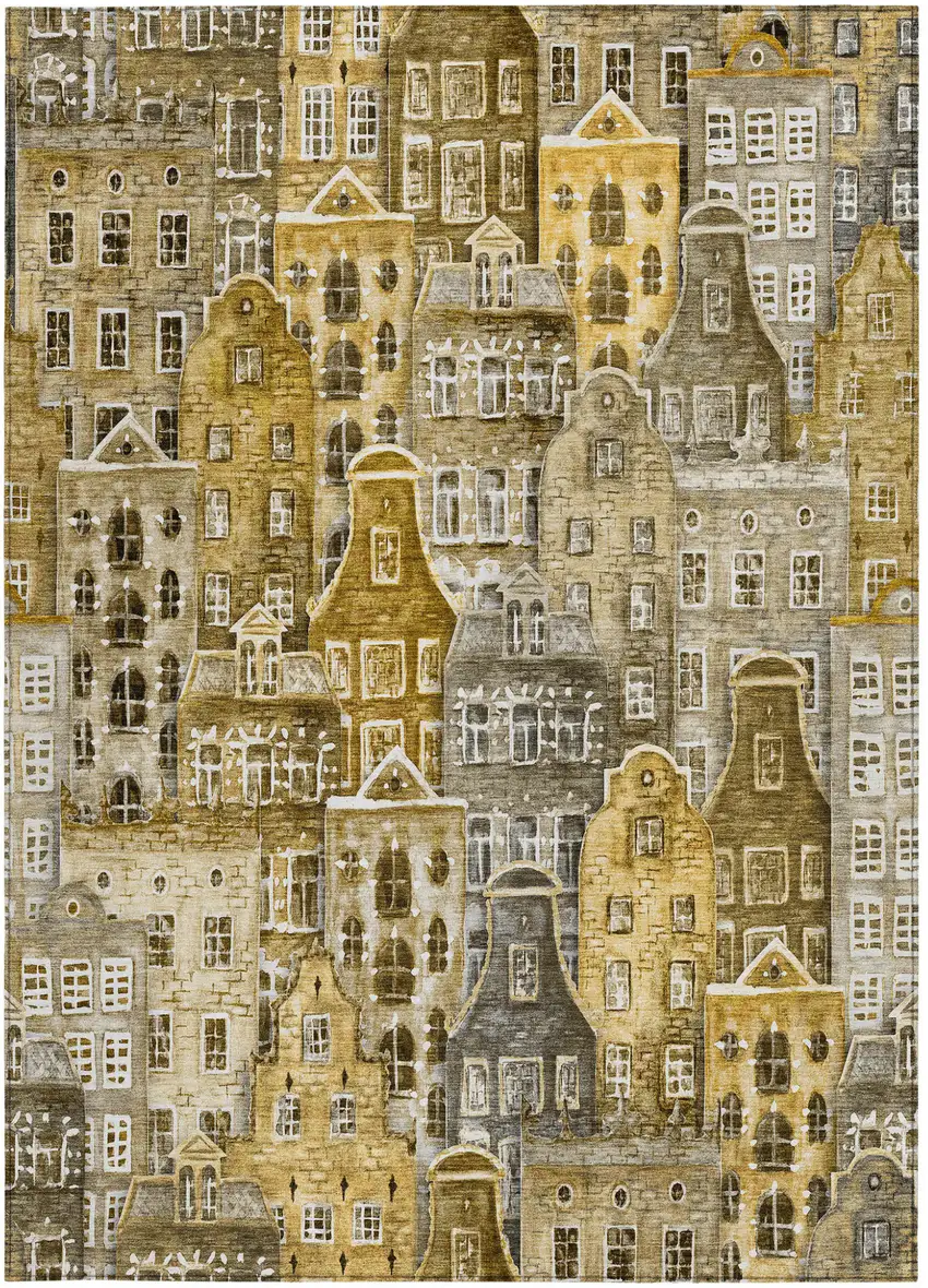 Brown Taupe And Gold Village Houses Washable Indoor Outdoor Area Rug Photo 7