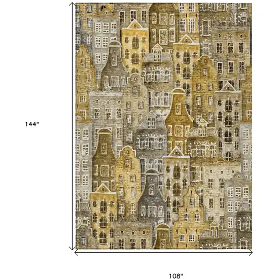 Brown Taupe And Gold Village Houses Washable Indoor Outdoor Area Rug Photo 3