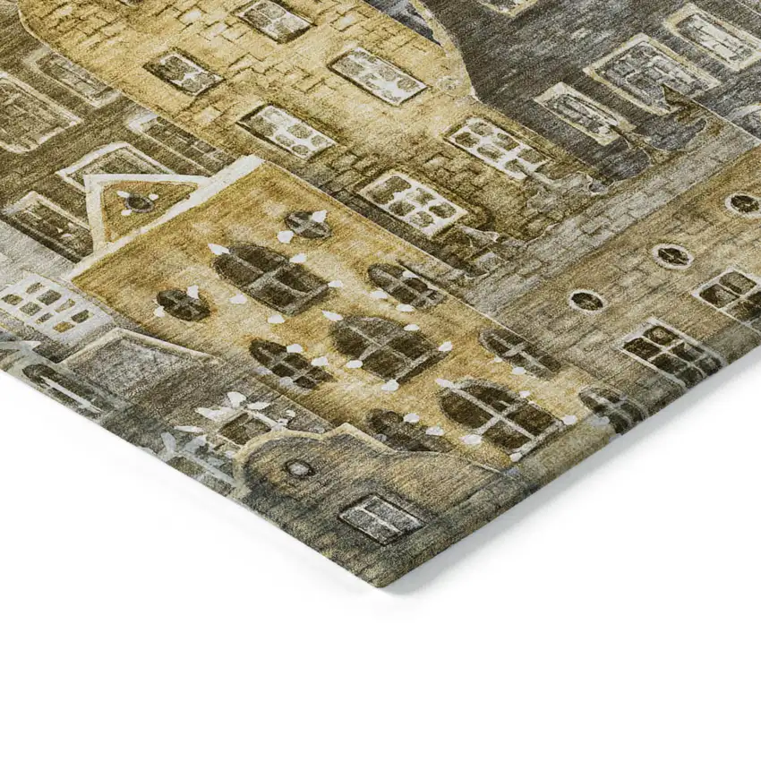 Brown Taupe And Gold Village Houses Washable Indoor Outdoor Area Rug Photo 5