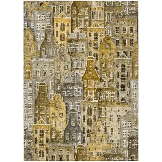 Brown Taupe And Gold Village Houses Washable Indoor Outdoor Area Rug Photo 2