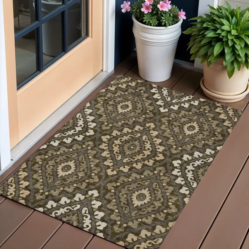 Brown Taupe And Gray Floral Washable Indoor Outdoor Area Rug Photo 1