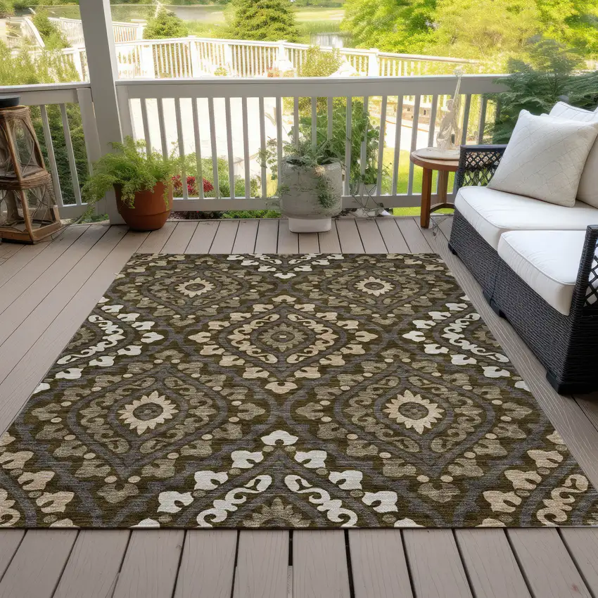 Brown Taupe And Gray Floral Washable Indoor Outdoor Area Rug Photo 8