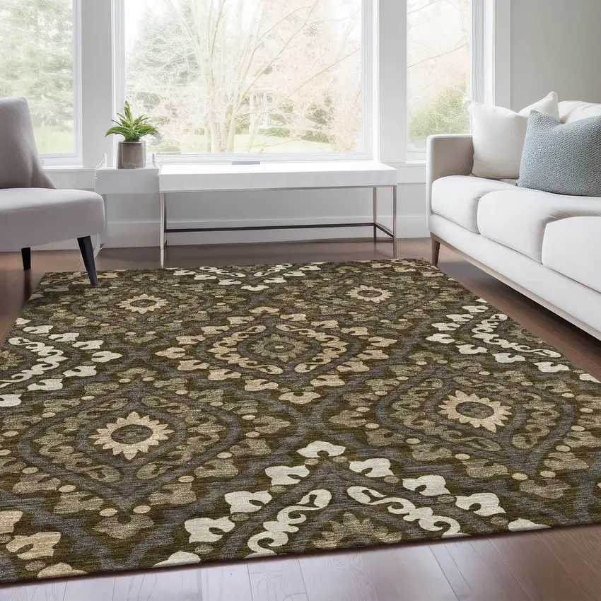 Brown Taupe And Gray Floral Washable Indoor Outdoor Area Rug Photo 9