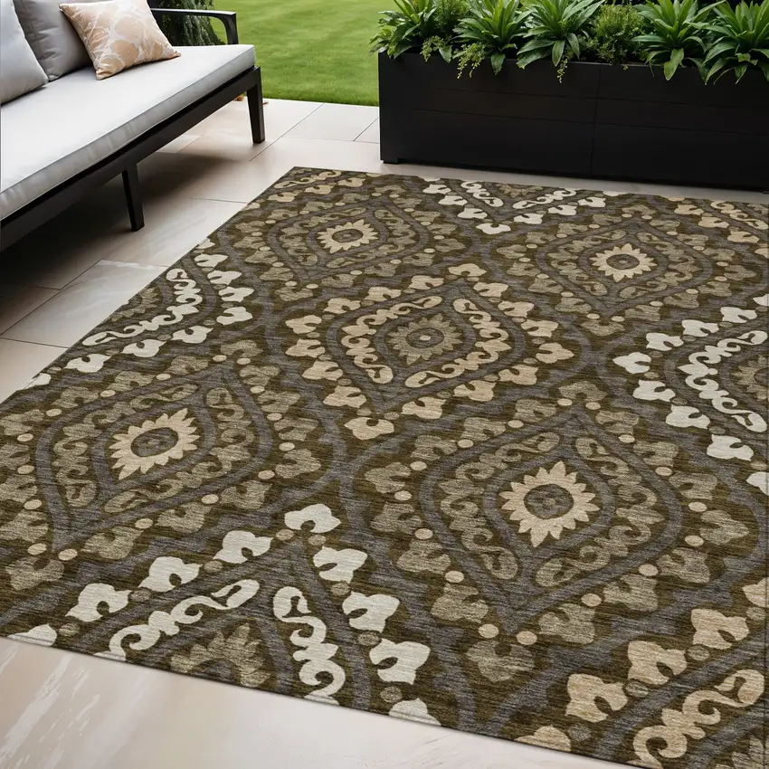 Brown Taupe And Gray Floral Washable Indoor Outdoor Area Rug Photo 1