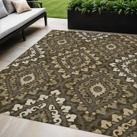 Brown Taupe And Gray Floral Washable Indoor Outdoor Area Rug Photo 1