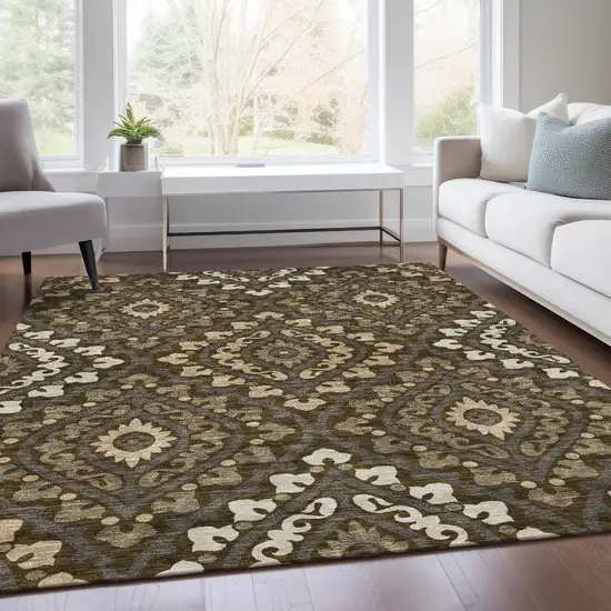 Brown Taupe And Gray Floral Washable Indoor Outdoor Area Rug Photo 8