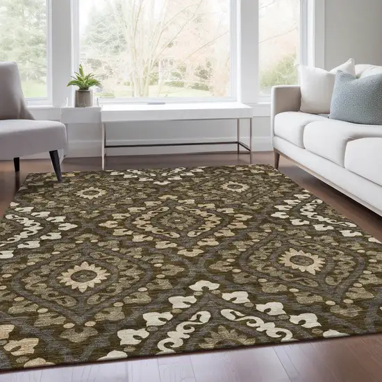 Brown Taupe And Gray Floral Washable Indoor Outdoor Area Rug Photo 8