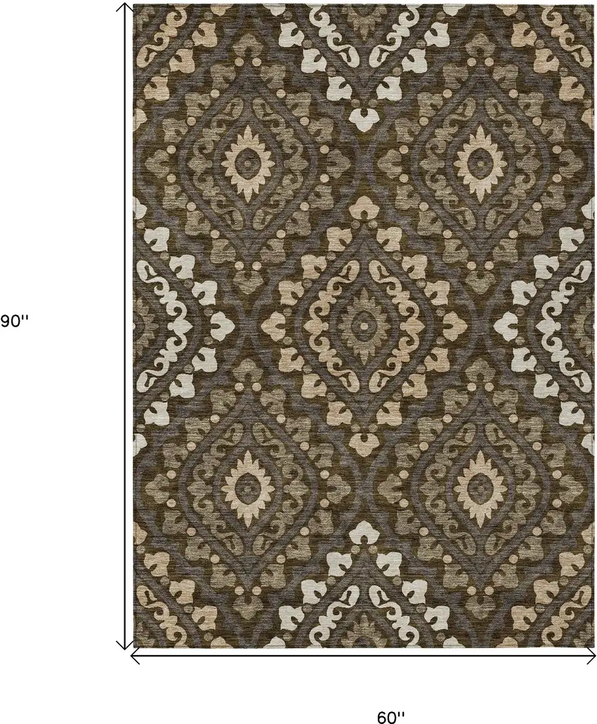 Brown Taupe And Gray Floral Washable Indoor Outdoor Area Rug Photo 3