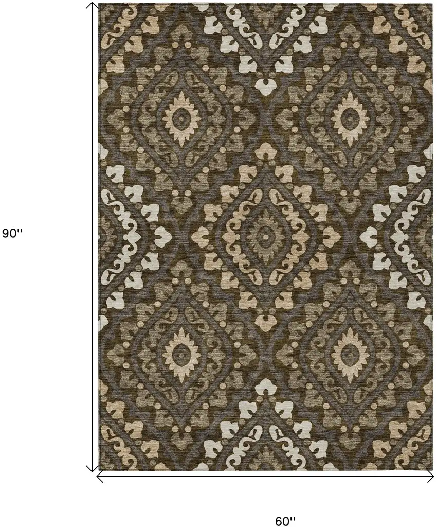 Brown Taupe And Gray Floral Washable Indoor Outdoor Area Rug Photo 3