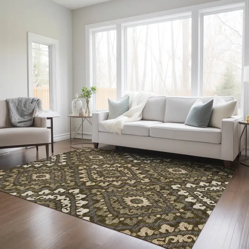Brown Taupe And Gray Floral Washable Indoor Outdoor Area Rug Photo 9