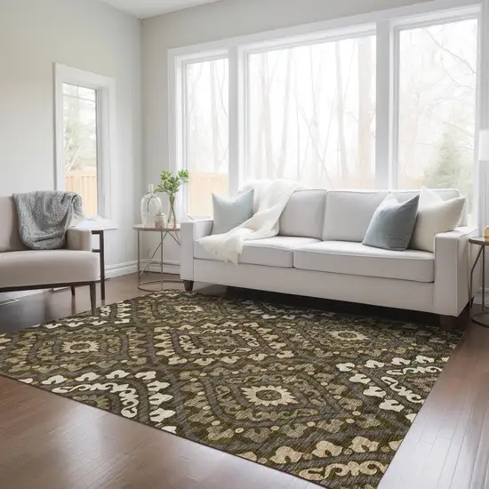 Brown Taupe And Gray Floral Washable Indoor Outdoor Area Rug Photo 9