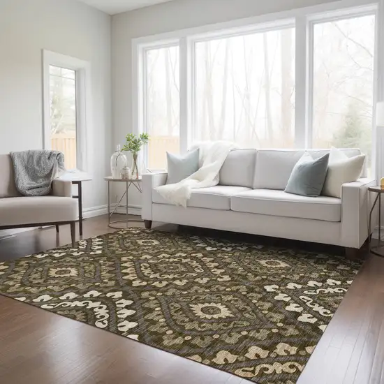 Brown Taupe And Gray Floral Washable Indoor Outdoor Area Rug Photo 9