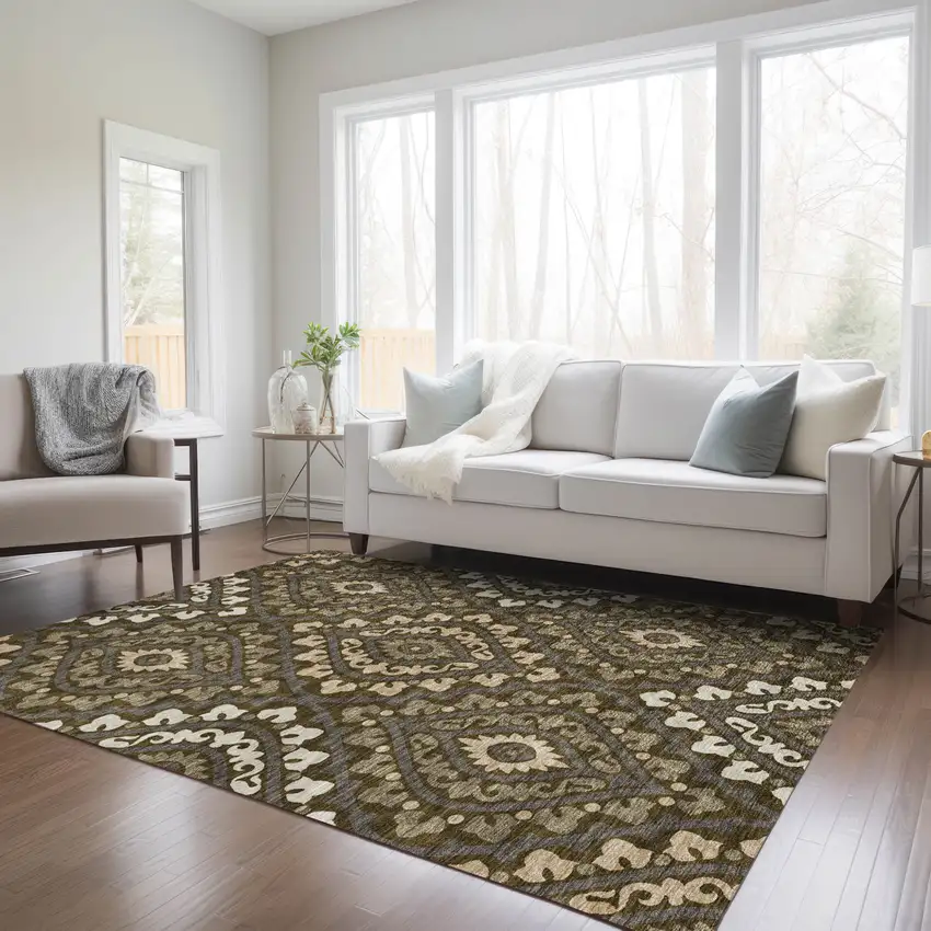 Brown Taupe And Gray Floral Washable Indoor Outdoor Area Rug Photo 9