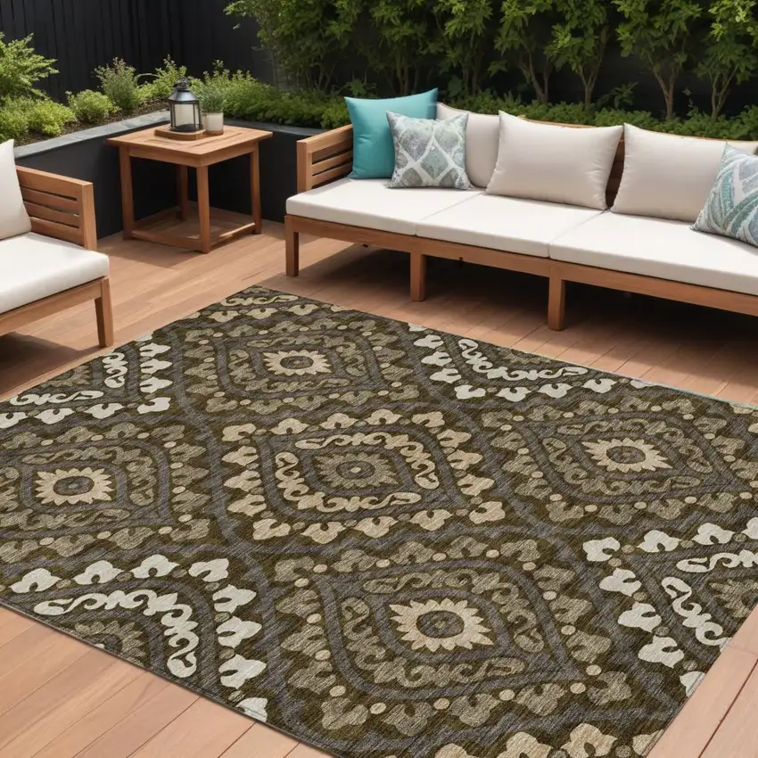 Brown Taupe And Gray Floral Washable Indoor Outdoor Area Rug Photo 1