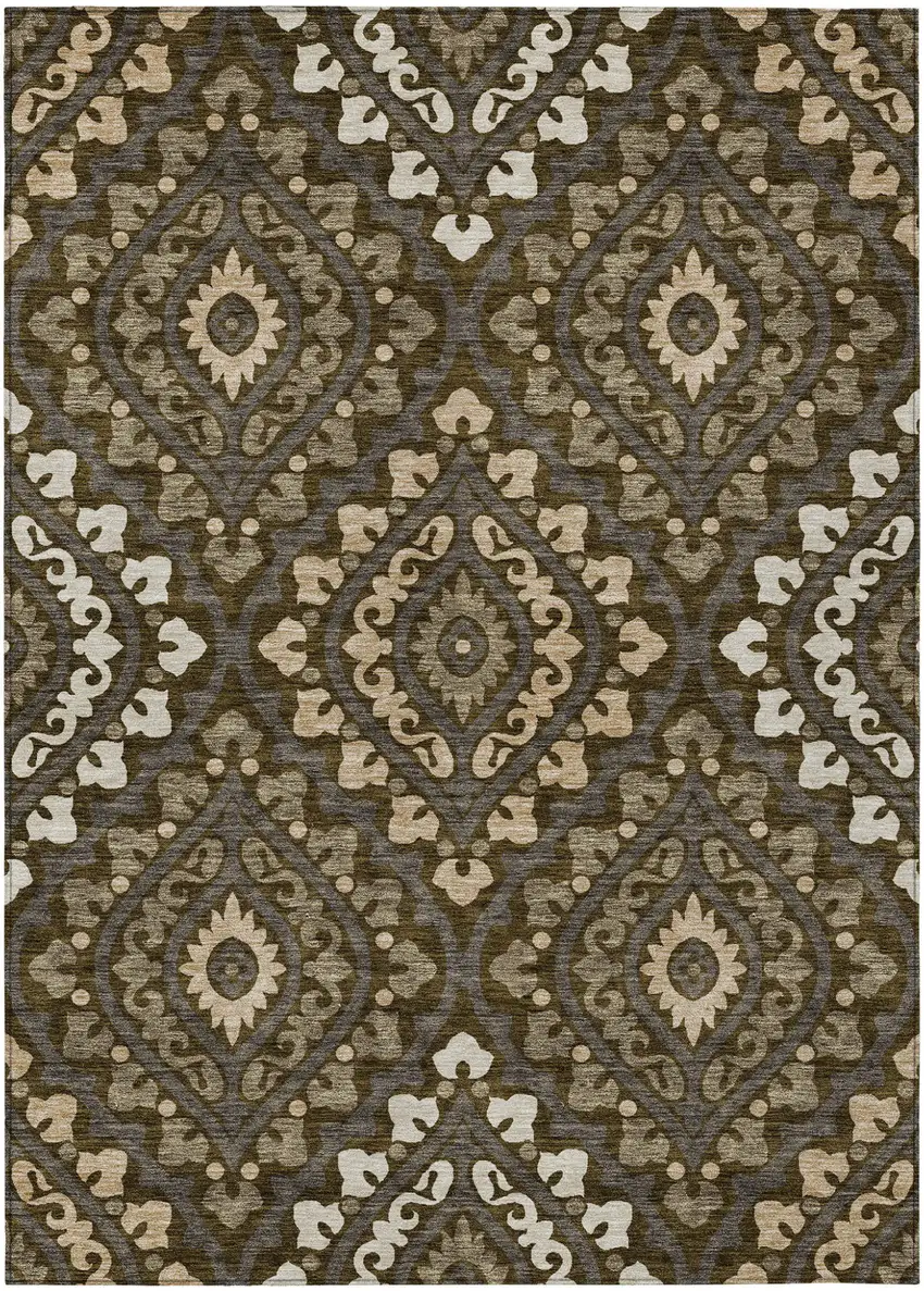 Brown Taupe And Gray Floral Washable Indoor Outdoor Area Rug Photo 1