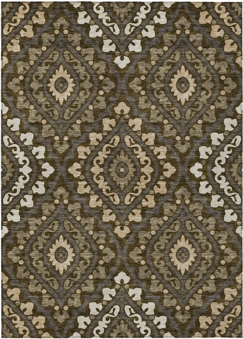 Brown Taupe And Gray Floral Washable Indoor Outdoor Area Rug Photo 1